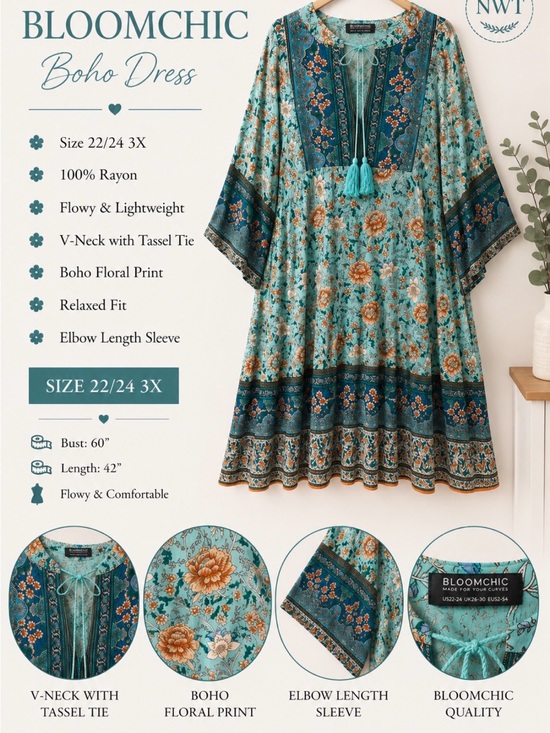 BloomChic Dresses & Skirts - BloomChic Teal & Navy Boho Midi Dress